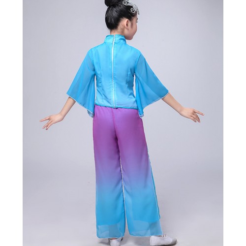 Girls violet with blue gradient color chinese folk dance costumes kids Yangko performance wear Ethnic style umbrella fan fairy dance classical dance costume for children